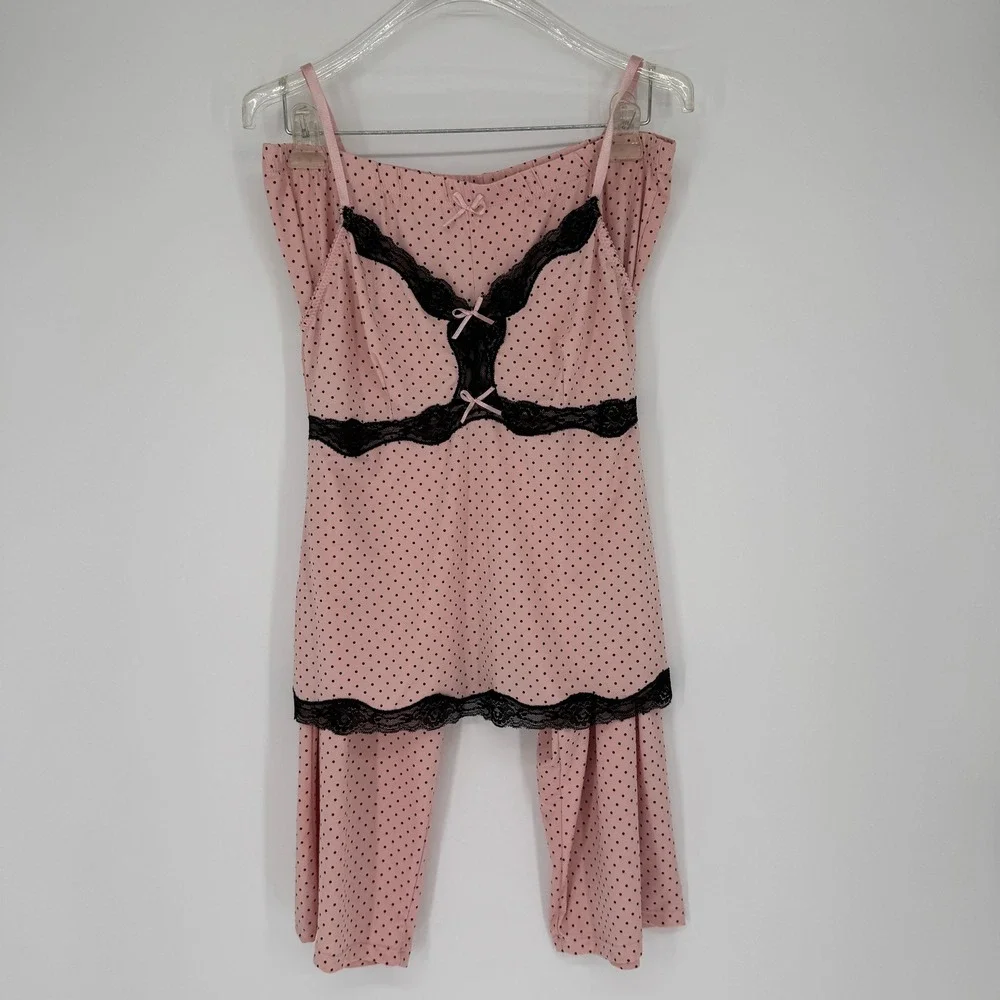 Polka Dot Babydoll Pajama Set Sz L Pink Lace Trim Coquette Balletcore Sleepwear‎